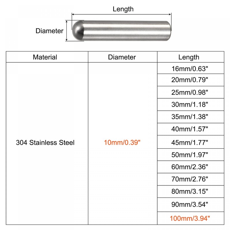 sourcing map 10x100mm Dowel Pins, 2pcs 304 Stainless Steel Round