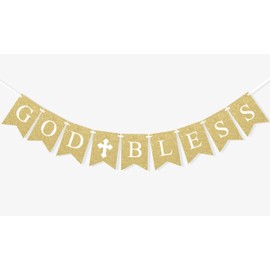 FAKTEEN God Bless Banner Boy Girl Baptism Decorations, First Communion Decorations for Baby Shower Wedding Photo Props Christening Confirmation Banner Baptism Decor, Gold Glitter