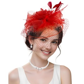 Red Fascinators Hat for Women Tea Party Elegant Funeral Veil Mesh Hats Wedding Lace Gloves Set for Cocktail 1920s Party Hat for Races