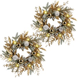 Christmas Wreath 20 Inch Door Decorations Wreath with Warm Lights Set of 2,Christmas Balls, Pine Cones, Golden Twigs, Pine Needles and Silver Berries,Perfect for Front Door, Indoor Outdoor Use