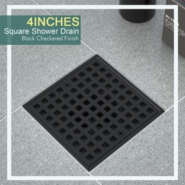 Yaseingoo 4 Inch Shower Floor Drain with Flange - Square Shower Drain with Hair Strainer - Removable Grid Strainer Cover - SUS304 Stainless Steel & CUPC Certified - Matte Black