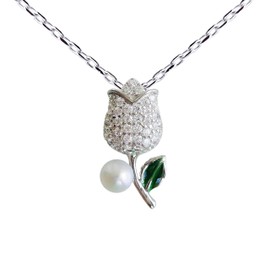 Hiqmic 925 Sterling Silver Fashion Rose Flower Pearl Pendant Necklace White Gold Plated Jewelry Gifts 17" WK99097 Silver