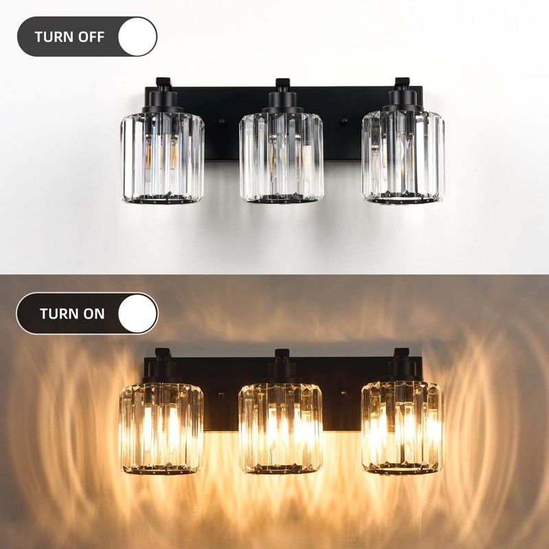 Haolaike 3 Lights Crystal Bathroom Vanity Light Modern Black Bathroom