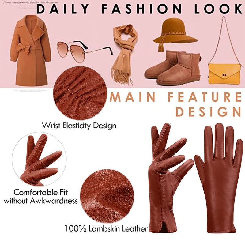 MGGMOKAY Women's Cashmere Lined Leather Gloves, Reddish-brown (Thouchscreen)