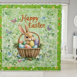 Easter Kids Shower Curtains,Cute Bunny Rabbit Easter Eggs Bathroom Curtains for Boys Girls,Butterfly Daisy Flowers Rustic Animal Green Waterproof Curtains,12 Hooks Suits,72" W x 84" L