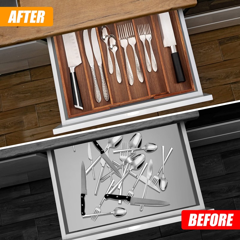 Bellsal Acacia Silverware Organizer Kitchen Drawer Organizer Expandable Bamboo Utensil