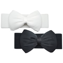 Meta-U Women Flower Elastic Wide Waist Belt (black bow & white bow)