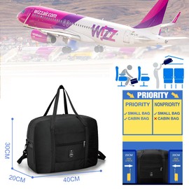 PALAMEA Wizzair Hand Luggage, 40 x 30 x 20, 25 L, Foldable Travel Bag, Hand Luggage Bag for Airplane, Hand Luggage, Suitcase for Eurowings, 1-Black 40 x 20 x 30