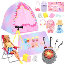 BARWA 35 Pcs Travel Camping Tent Set Include Doll Tent Casual Dress, Outfits, Campfire with Light, Telescope, Backpack, Placemat, Chair, Toy Dog Camping Playset for 11.5 Inch Girl Dolls for Kid