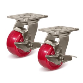 CWfutureparts 4"X2" Heavy Duty Industrial Casters,Solid Polyurethane Stainless Steel Casters,2 Brake Caster Wheels for Food Processing, 1700 LBS Load Capacity