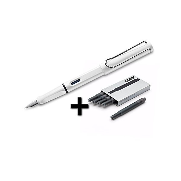 Lamy Safari Fountain Pen (19F) White + 5 Black Ink Cartridges