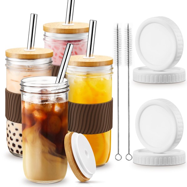 4 Pack 24oz Glass Cups with Lids and Straws, IPOW Iced Coffee Cups with Silicone Protective Sleeves, 4 Cleaning Brushes for Bubble Tea, Smoothies, Juices, Sauces