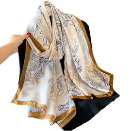 First Choose Silk Feeling Long Satin Scarf Fashion Beach Scarf Shawl Check Style Sunscreen Shawls Wraps-Lightweight Pattern (Beige Blue-Flower)