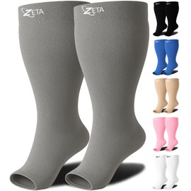Zeta Wear 1 Pair Plus Size Compression Socks Open Toe for Women & Men | 15-19 mmHg Wide Calf Support - Fits Up to 26" Legs | Relief for Swelling, Varicose Veins, Pregnancy, Nurses, Travel