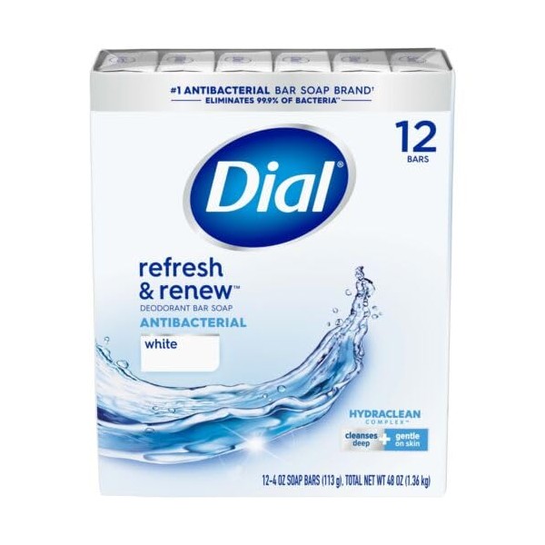 Dial Antibacterial Deodorant Bar Soap, 4 oz bars, White, Pack