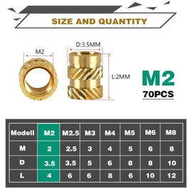 Threaded Insert, Press-in Nuts, Brass Embedding Nuts, Knurled Nuts, Threaded Inserts for Plastic Parts by Heat or Ultrasonic in 3D Printer Parts (M2 x 4 x 3.5 mm - 70 Pieces)