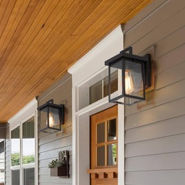 Black Outdoor Wall Lights, Farmhouse Exterior Wall Sconces Light Fixture with Seeded Glass, Modern Square Waterproof Lanterns for Front Door, Entry, Porch, Patio, and Gazebo