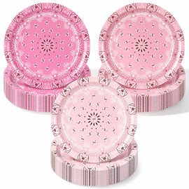 48Pcs Western Bandana Paper Plates Pink Cowgirl Paisley Disposable Plate 3 Colors Wild West Dessert Plates for Wild One Yeehaw Bday Birthday Baby Shower, 9 Inch