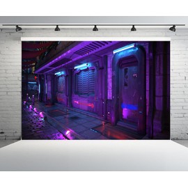 CHNYWORK 7x5ft Cyberpunk City Backdrop Futureistic Grunge Urban Neon Night Street Gate Cityscape Background Video Game Cyberpunk Theme Birthday Party Decor Portrait Photo Booth Studio Props