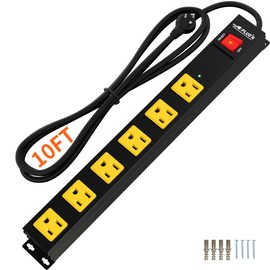 Power Strip 2700J Surge Protector, Heavy Duty Power Strips with 10FT Long Cord and Flat Plug, Wall Mountable Metal 6 Outlet Strip for Desk, Garage, Workbench and Kitchen