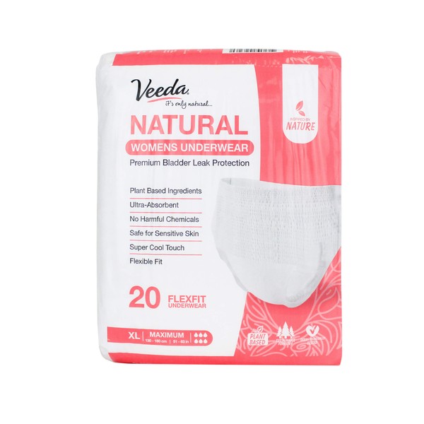 Veeda Natural Adult Incontinence Underwear for Women - Postpartum Underwear for Bladder Leakage Protection - Disposable Underwear with Maximum Absorbency - X-Large Size - 20 Count