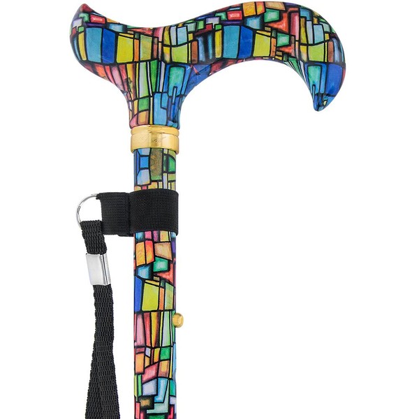 Mosaic Stained Window Folding Adjustable Derby Walking Cane with Engraved Collar