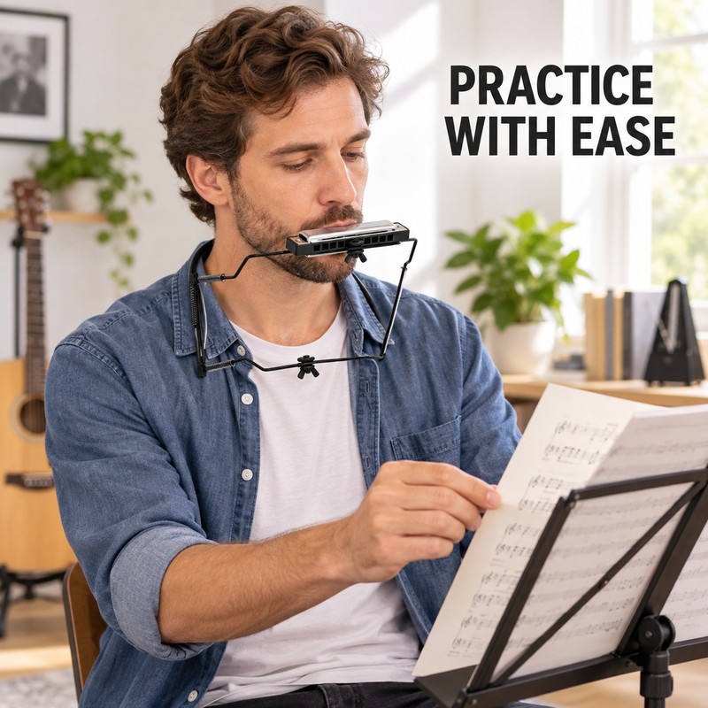 Adjustable 10-Hole Harmonica Neck Holder, Metal Hands-Free Harp Rack for