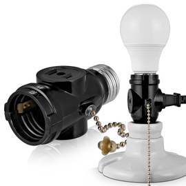 2 Outlet Light Socket Adapter,E26 Bulb Socket to Outlet Splitter,Converts Medium Screw Socket into a Socket with Two outlets,Polarized Outlet,with Pull Chain Switch. UL Listed, Black (1-Pack)