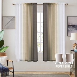 Ombre Faux Linen Sheer Curtains for Bedroom Living Room Rod Pocket, Privacy and Light Filtering, 2 Tone Reversible Gradient Voile Semi Window Curtains, Set of 2 Panels, Brown, 54 x 63 Inch Length