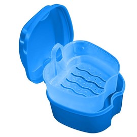 Denture Case, Denture Cup with Strainer, Denture Bath Box False Teeth Storage Box with Basket Net Container Holder for Travel, Retainer Cleaning (Blue, 6.8 * 9.3 * 9.5CM)