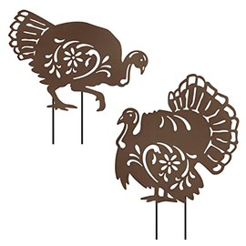Metal Turkey Garden Stakes, Thanksgiving Silhouette Turkey Stakes, Garden Metal Animal Statues, Outdoor Fall Decor Metal Animal Stakes, Set of 2