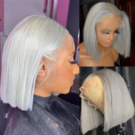 Grey Bob Wigs Human Hair 13x4 HD 14 Inch Straight Silver Grey Bob Lace Front Wig Human Hair Wear and Go Glueless Wig Bob Pre Plucked with Baby Hair Short Gray hd Lace Frontal Wigs For Black Women