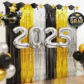 Graduation Decorations 2025, 1Pack Grad Foil Fringe Curtains, Black Gold Silver Metallic Tinsel Backdrop Graduation Photo Booth Props Streamer for High School College University Grad Party