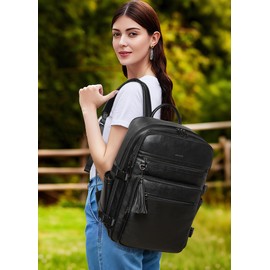 Shrrie Laptop Backpack for Women,Vegan Leather Backpack Work Computer Backpacks fits 16" Laptop,Water Resistant Teacher Nurse Casual Daypack for Weekender Camping Travel,Two-toned Black