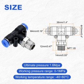 HARFINGTON 2pcs Air Line Fitting 4mm Tube OD x NPT 1/8 Thread PT4-U Pneumatic Male Branch Tee Quick Push to Connect Brass Air Line Hose for Industry Air System