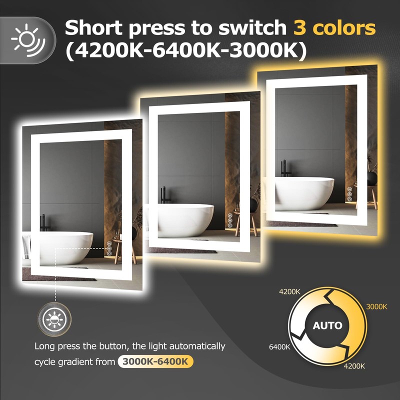 Hivone 28X20 LED Bathroom Mirror with Lights, Anti-Fog, Dimmable, Backlit