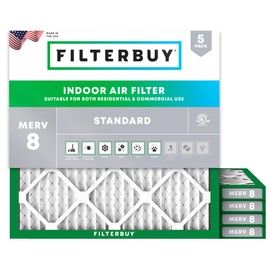 Filterbuy 20x20x1 Air Filter MERV 8 Dust Defense (5-Pack), Pleated HVAC AC Furnace Air Filters Replacement (Actual Size: 19.50 x 19.50 x 0.75 Inches)