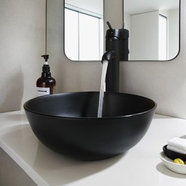 GLOBAOSALU Black Vessel Sink with Faucet and Pop-Up Drain 13 inch Stone Resin Round Bathroom Basin Compact Vessel Sinks Top Mount Sink Bowls for Small Bathrooms Vanities Space Saving Design