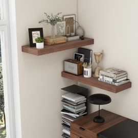 Deep Floating Shelves for Wall, 36'' x 12'' Rustic Large Floating Shelves Set of 2, 12 Inch Deep Walnut Wood Wall Shelves for Living Room Bathroom Laundry Room Bedroom Kitchen Home Office - Walnut