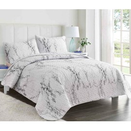 Nanko Quilt Set Queen Full Size 3 Pcs, White and Grey Black Marble Bedspreads, Soft Lightweight Coverlet Bed Spreads, Farmhouse Modern Thin Quilted Comforter Gray Bedding Sets for Women Men, 90 x 90
