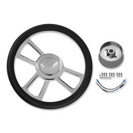IMOOA Chrome 14" Billet Aluminum 9 Holes Steering Wheel Split Tri Spoke Style with Black Leather Half Wrap & Smooth Horn Button & Adapter