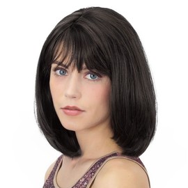 Onpep Bob Wig with Bangs Darkest Brown Short Straight Wigs for Women Shoulder Length Heat Resistant Synthetic Natural Color Wigs