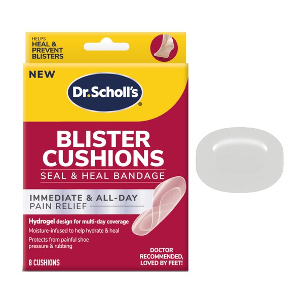Dr. Scholl's Blister Cushions Seal & Heal Bandage with Hydrogel Technology, 8 ct // Immediate & All-Day Pain Relief, Thin, Flexible & Nearly Invisible, Moisture-Infused
