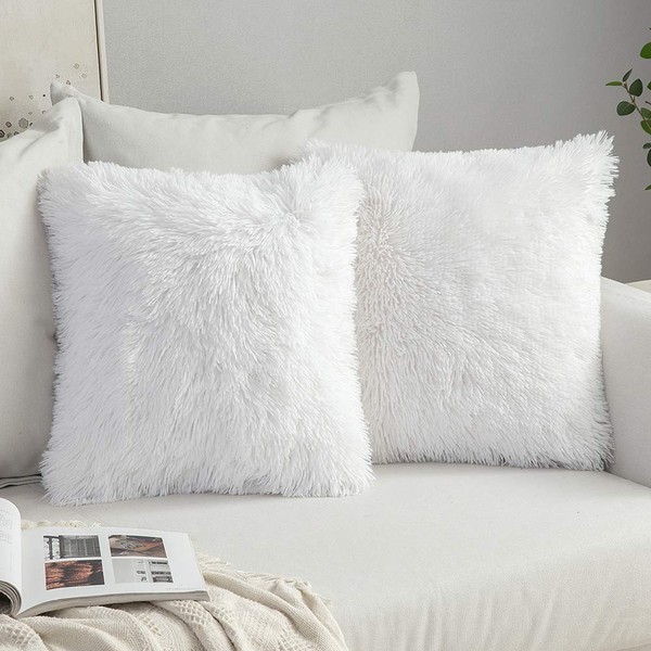 MIULEE Pack of 2 Luxury Faux Fur Throw Pillow Cover Deluxe Decorative Plush Pillow Case Cushion Cover Shell for Sofa Bedroom Car 18 x 18 Inch White