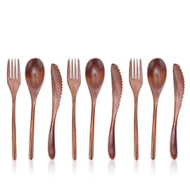 9pcs Japanese Natural Wood Tableware Sets, Cutlery Set Vintage Wooden Cutlery Reusable Wooden Dinner Utensils for Home Cafe Restaurant Camping Travel