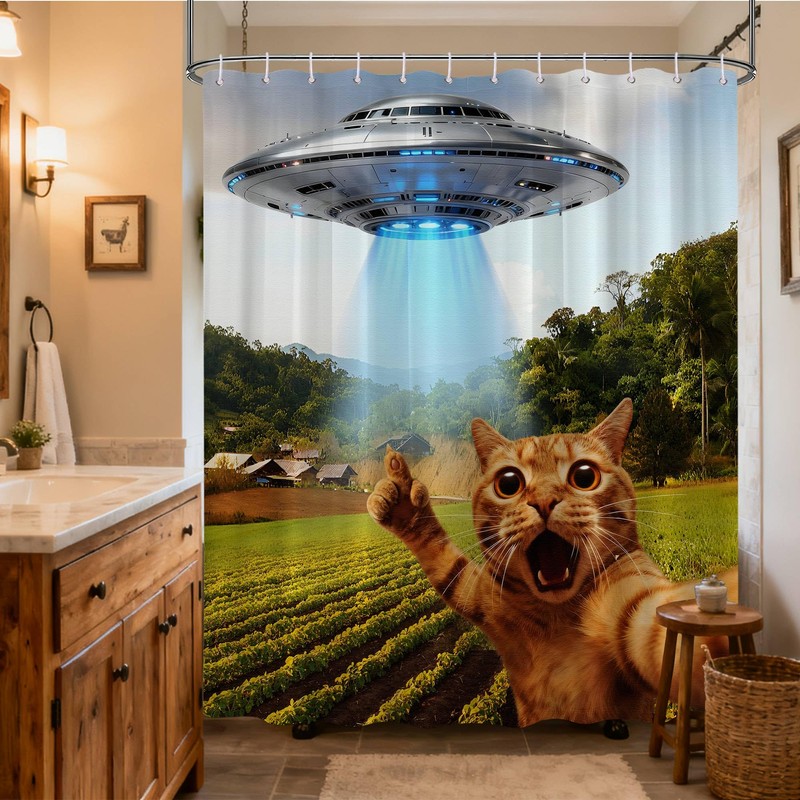 puuiui Funny Cat UFO Shower Curtain, 70x72 Inch