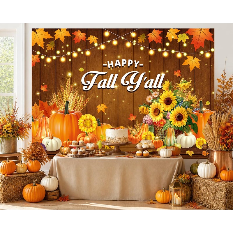 Happy Fall Y'all Backdrop 7x5ft Pumpkin Maple Leaves Thanksgiving Decor
