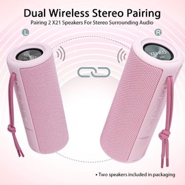 XENEO X21 Dual Portable Bluetooth Wireless Speakers Waterproof with Stereo Pairing, FM Radio, Micro SD Card, Aux-in, IPX6, 30W for Outdoor, Home, Office, Party and Travel (Pack 2 Pink)…