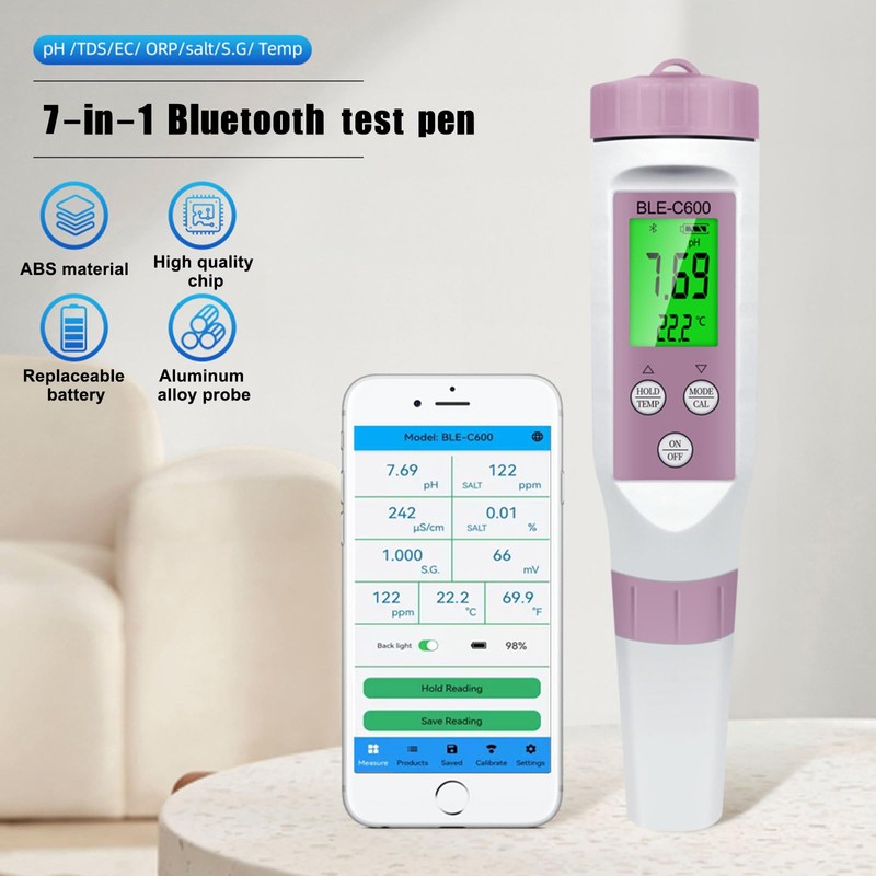 Areyourshop 7 in 1 PH Meter Blue Tooth, EC Conductivity