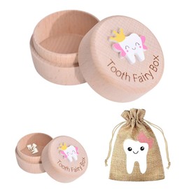 halit Tooth Fairy Box, 1 pcs Tooth Box with 1 pcs Tooth Fairy Bag, 3D Carved Wooden Tooth Box Keepsake, Tooth Fairy Pouch for Girl, Tooth Holder for Kids Teeth with Tooth Fairy Bag Storage Gift